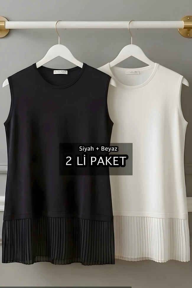 Siyah Beyaz 2'li Paket Siyah Beyaz Sıfır Kol Pilise Penye İçlik Tunik