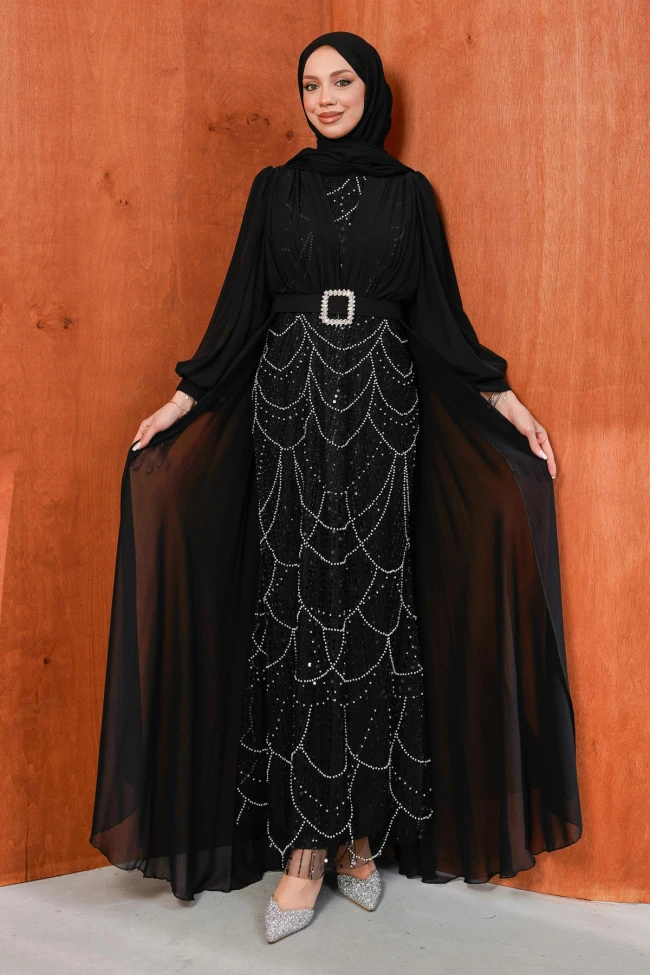 Siyah Boncuklu Şifon Abiye