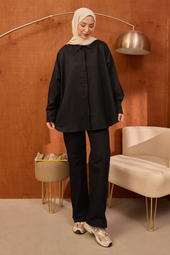 Siyah Gizli Düğmeli Oversize Tunik