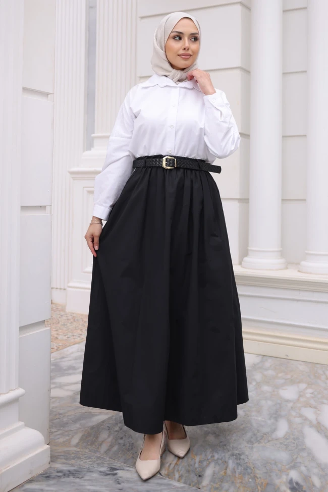 Siyah Kemerli Cepli Poplin Etek