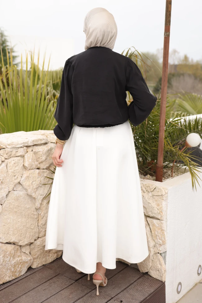 Siyah Kol Lastikli Bel Bağlamalı Gömlek