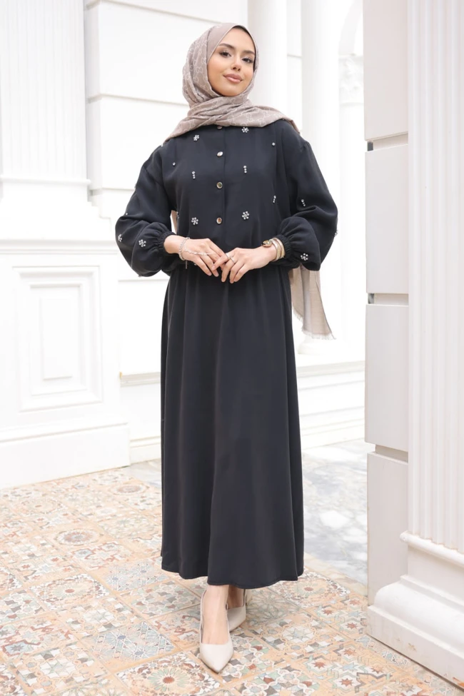 Siyah Kol Ve Bel Lastikli Taşlı Ceket Etekli Takım