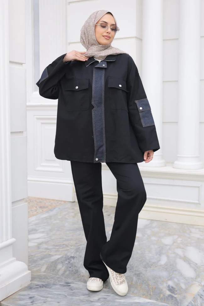 Siyah Kot Garnili Ceket Pantolonlu Takım