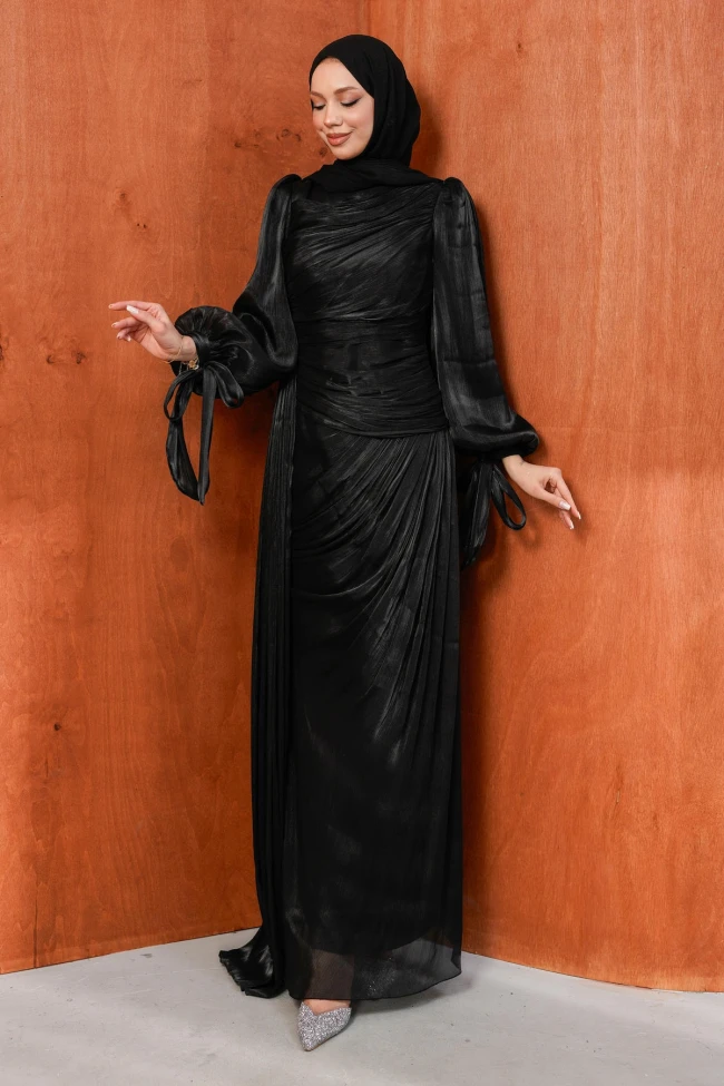 Siyah Önü Büzgülü Şifon abiye