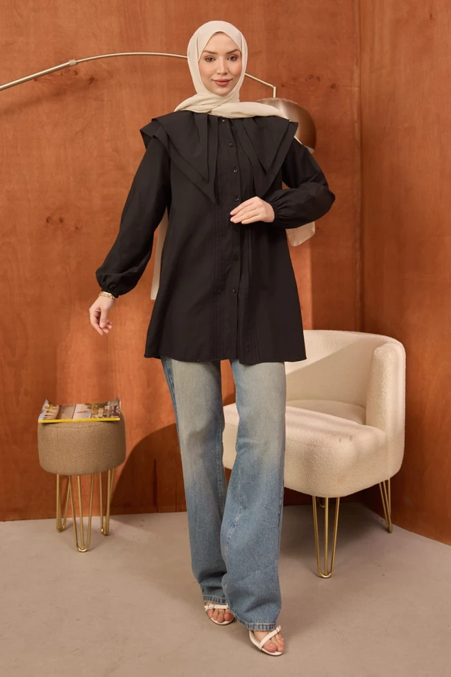 Siyah Önü Nervürlü Çift Yakalı Poplin Tunik