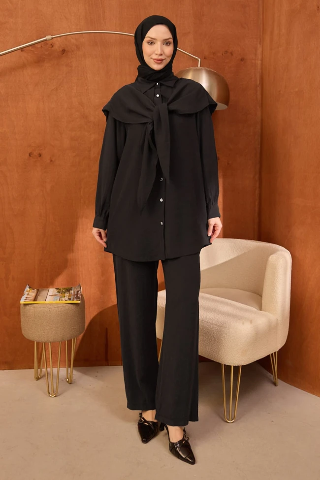 Siyah Şal Detaylı Tunik Pantolonlu Takım