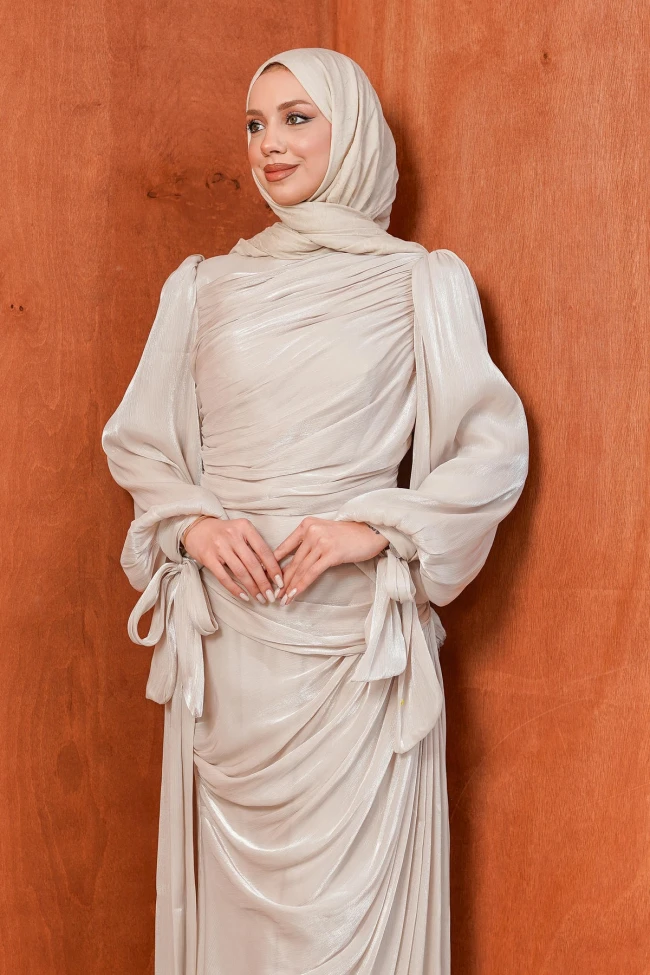 Taş Önü Büzgülü Şifon abiye