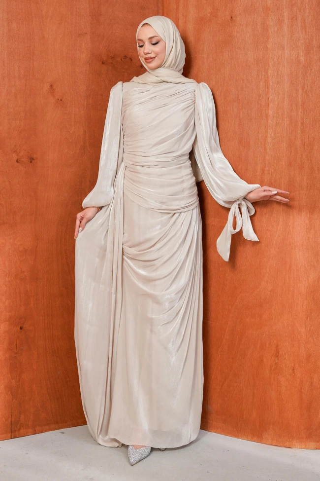 Taş Önü Büzgülü Şifon abiye