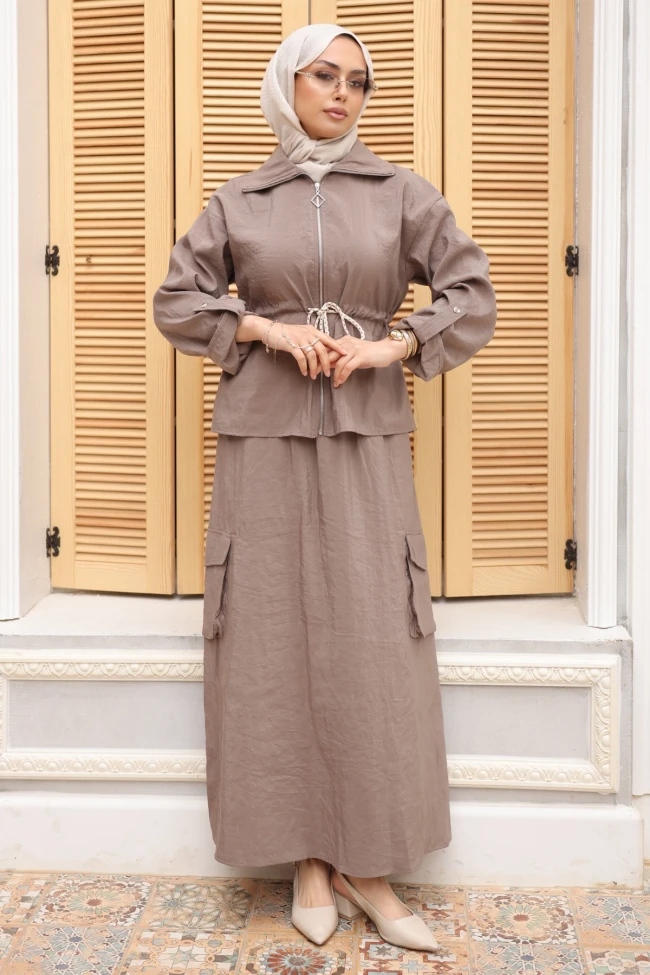 Vizon Fermuarlı Ceket Kargo Cepli Etekli Takım