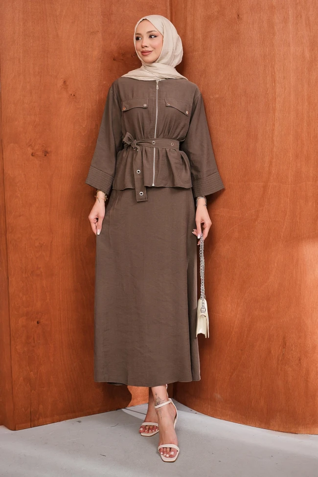 Vizon Fermuarlı Kuşgözlü Kemerli Ceket Etekli Takım