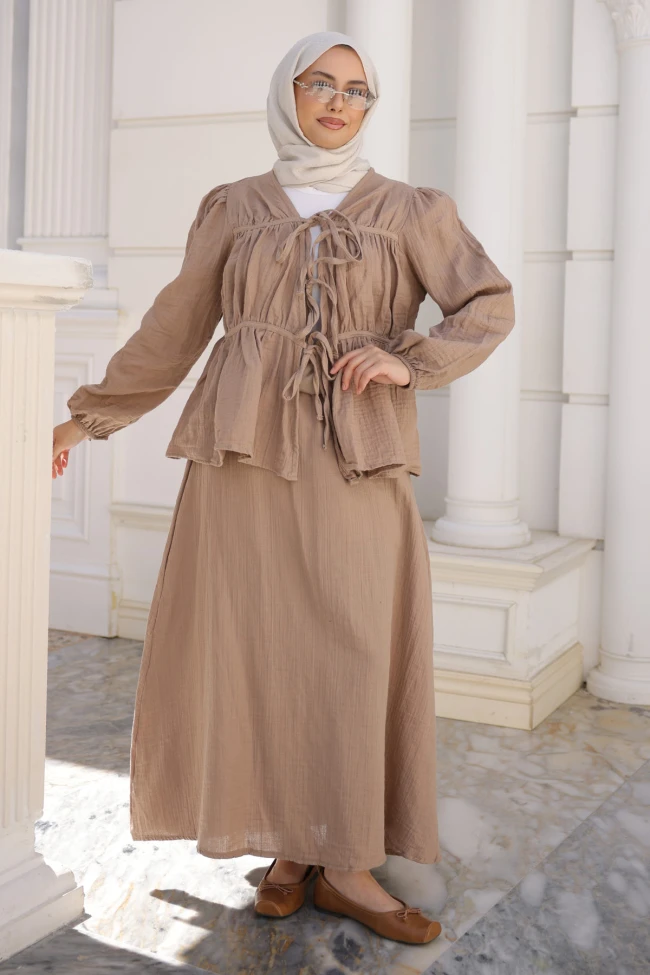 Vizon Ön Bağlamalı Kol Lastikli Kimono Etekli Takım