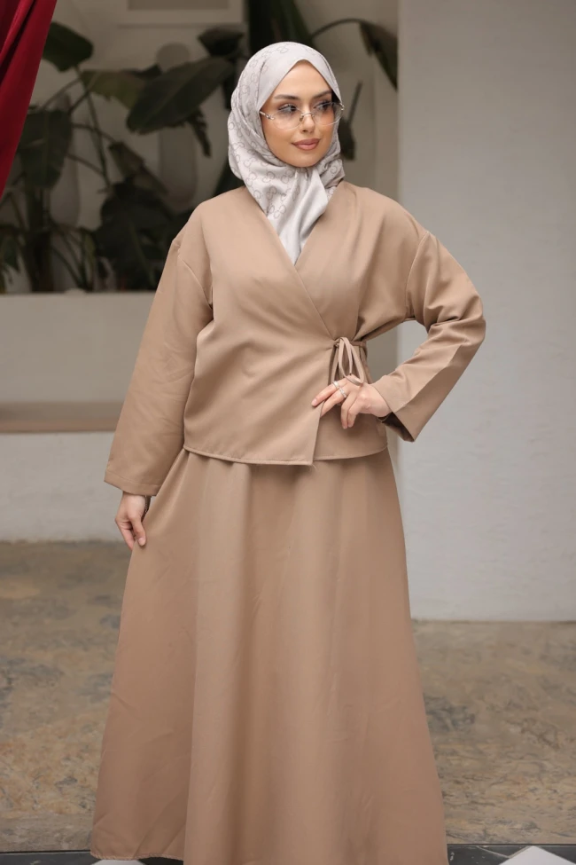 Vizon Yandan Bağlamalı Dabıl Kimono Etekli Takım