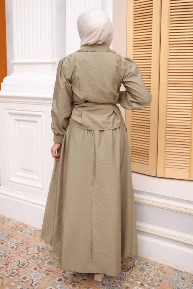 Yağ Yeşili Kemerli Düğmeli Gömlek Etekli Takım