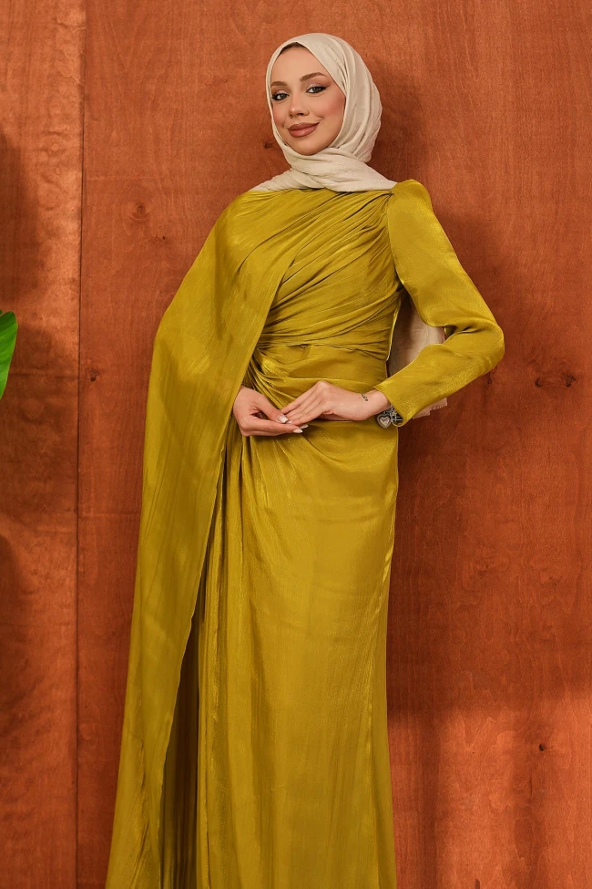 Yağ Yeşili Önü Büzgülü Abiye