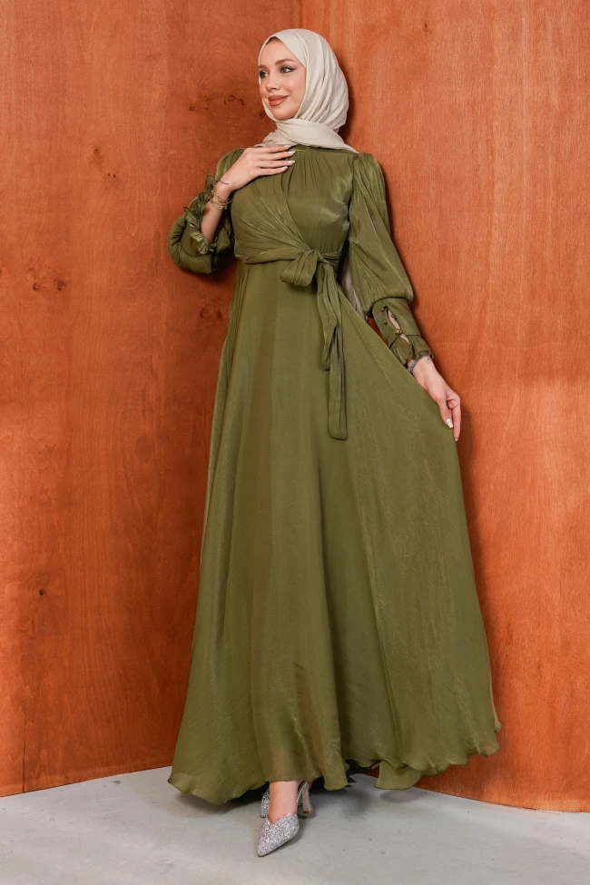 Yağ Yeşili Yandan Bağlamalı Abiye