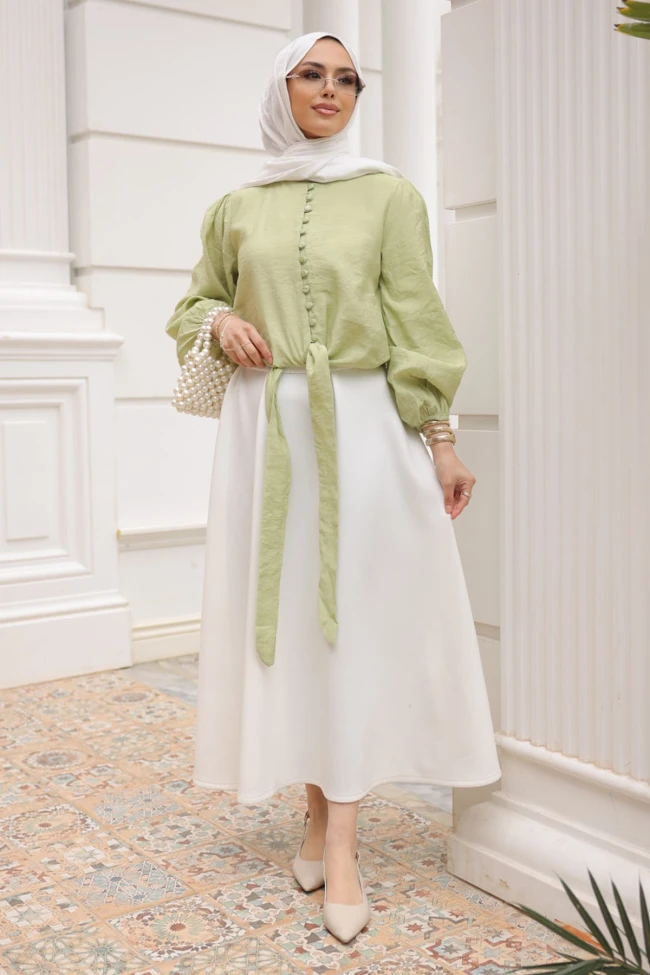 Yeşil Bel Bağlamalı Düğmeli Gömlek
