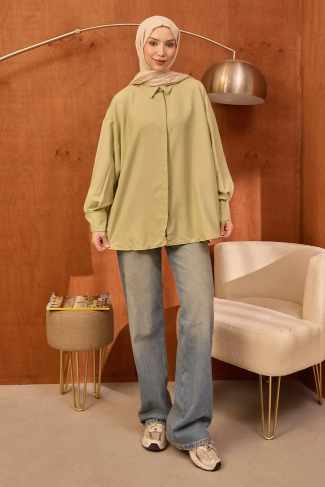 Yeşil Gizli Düğmeli Oversize Tunik