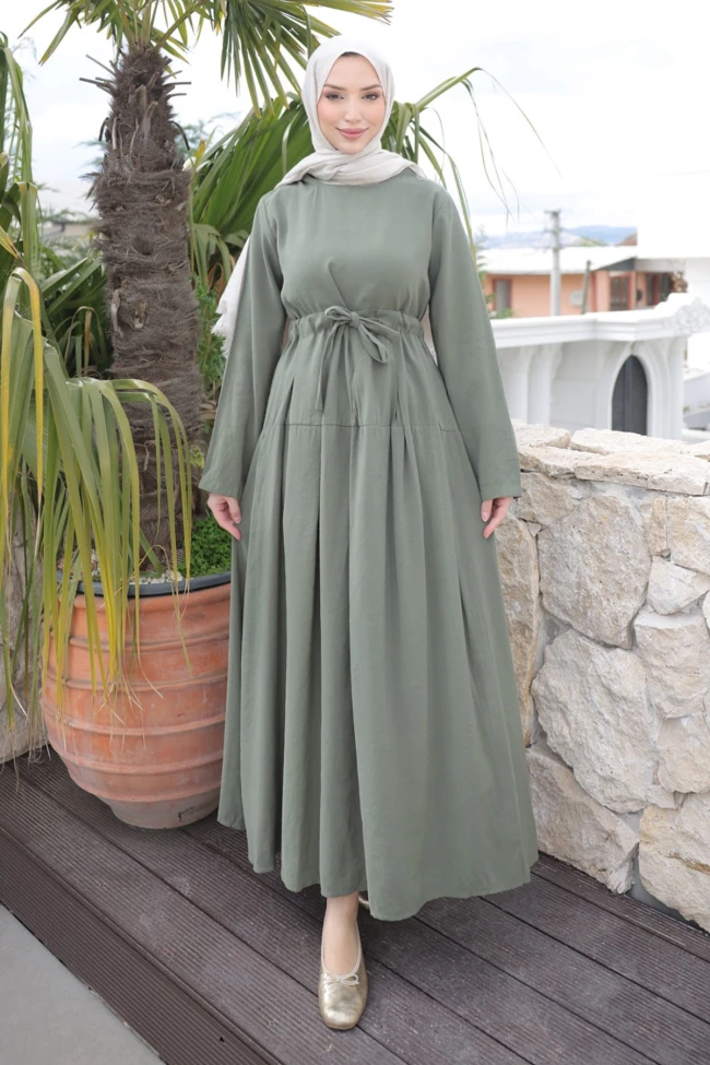 Yeşil Ön Etek Pileli Belden  Bağlamalı Modal Dokuma Elbise