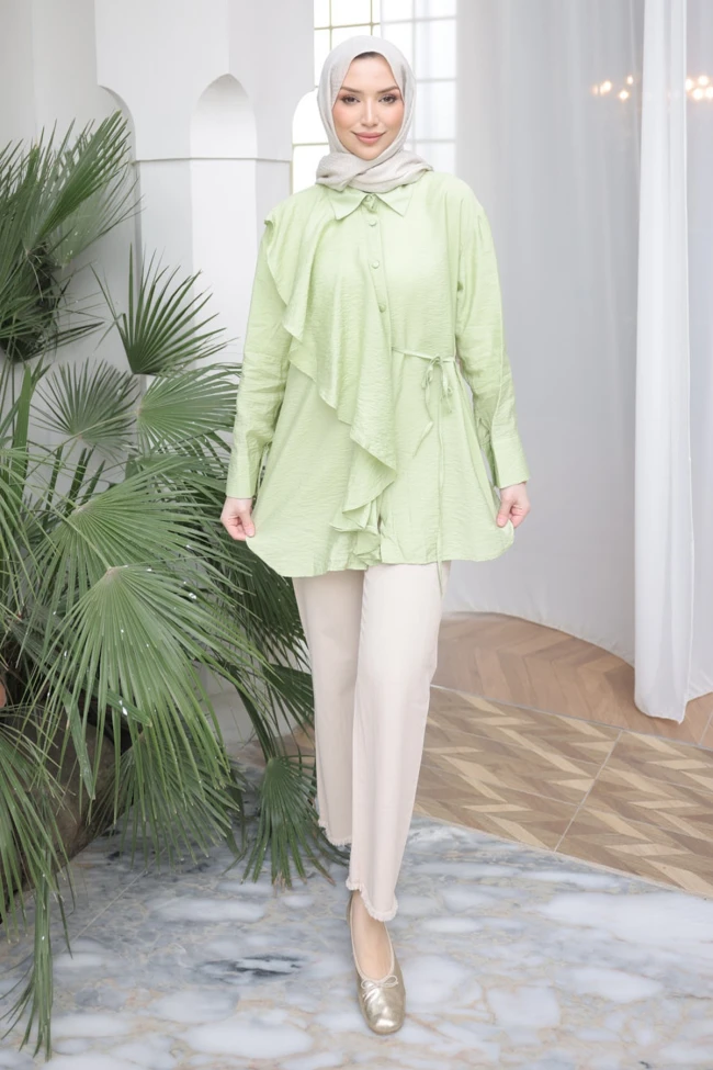 Yeşil Önü Fırfır Detaylı Gömlek
