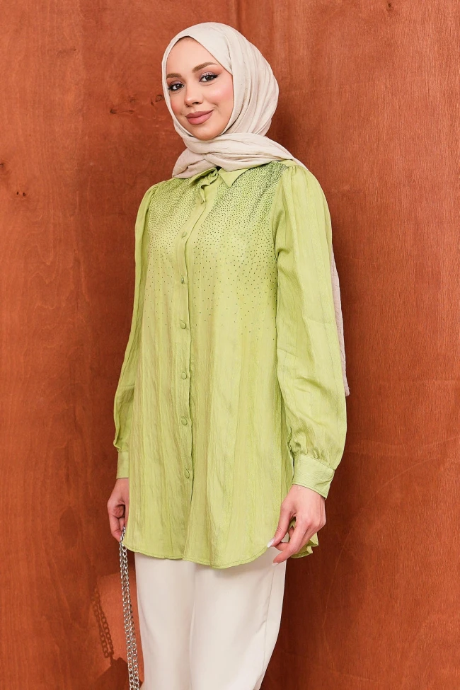 Yeşil Taş Detaylı Düğmeli Tunik Tunik