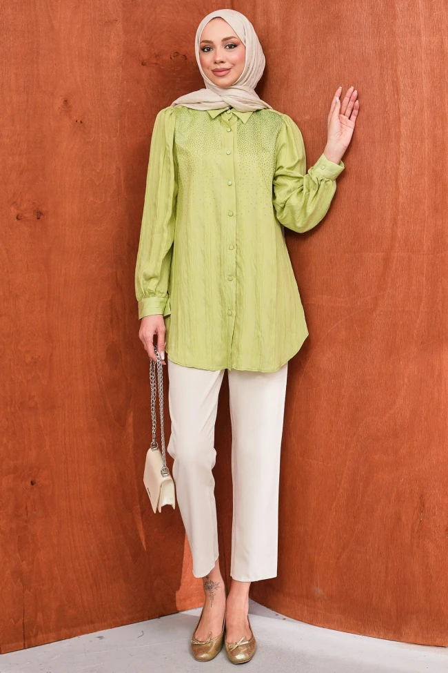 Yeşil Taş Detaylı Düğmeli Tunik Tunik
