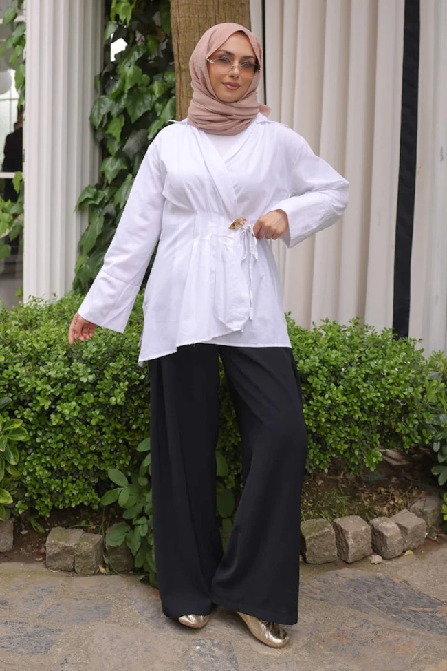 Beyaz Ön Bağlamalı Bronş Detaylı Kimono