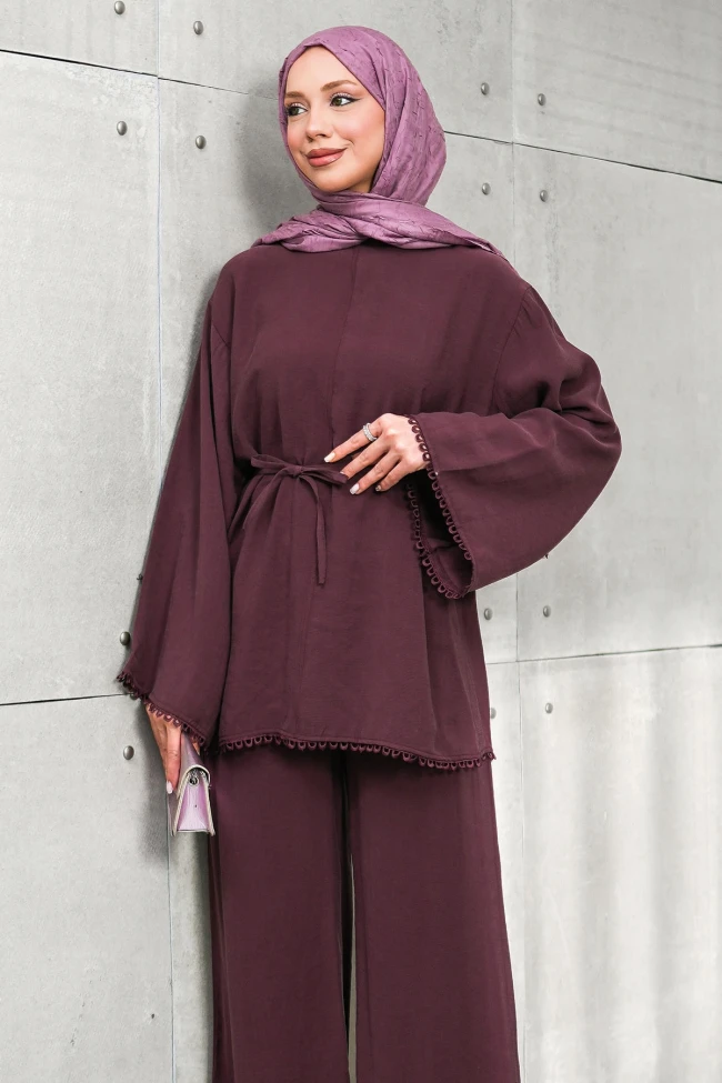 Bordo Bel Bağlamalı Tunik Pantolonlu Takım