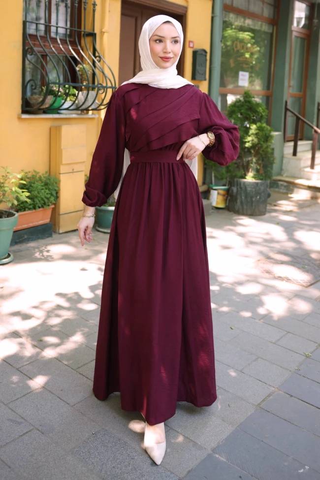 Bordo Fırfır Katlı Bel Lastikli Elbise