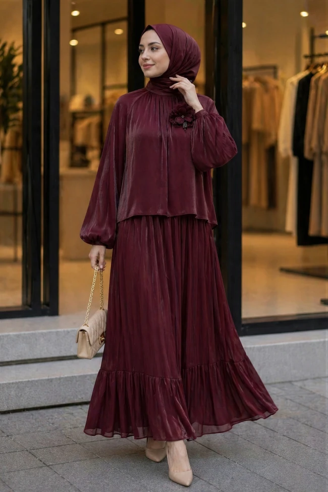 Bordo Kol Lastikli Bronş Detaylı Bluz Etekli Takım
