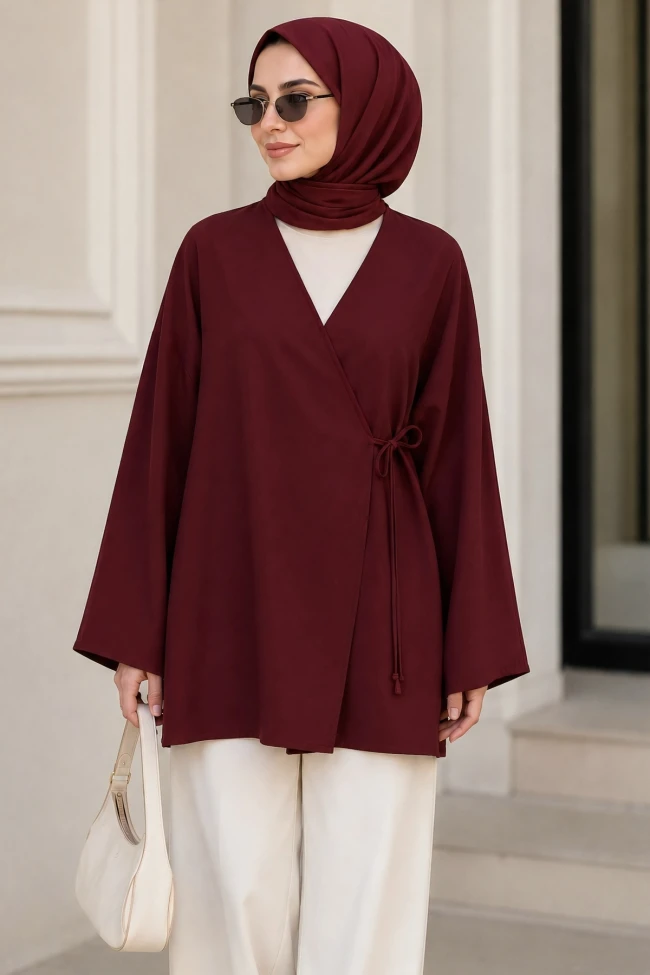 Bordo Kruvaze Yaka Yandan Bağlamalı Oversize Yazlık Kimono Tunik