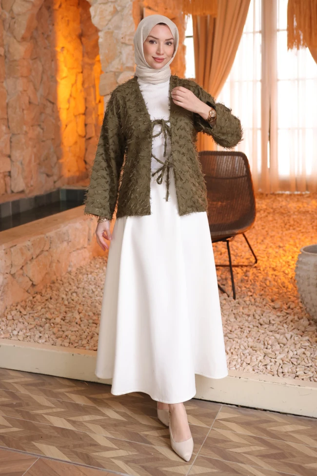Haki Ön Bağlamalı Püsküllü Kimono