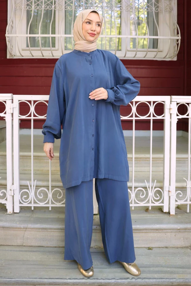 İndigo Düğmeli Tunik Pantolonlu Takım