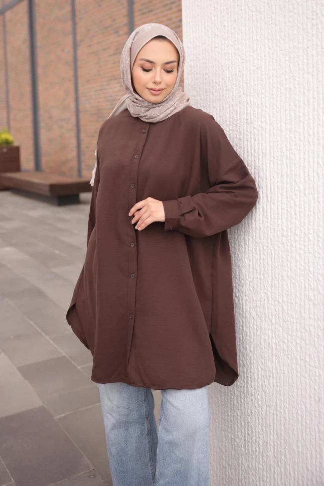 Kahverengi Düğmeli Basic Salaş Tunik