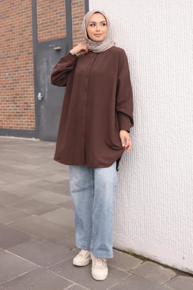 Kahverengi Düğmeli Basic Salaş Tunik