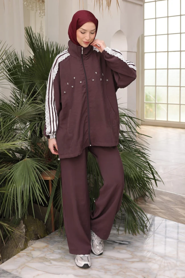 Mürdüm Dantel Detaylı Tunik Pantolonlu Takım