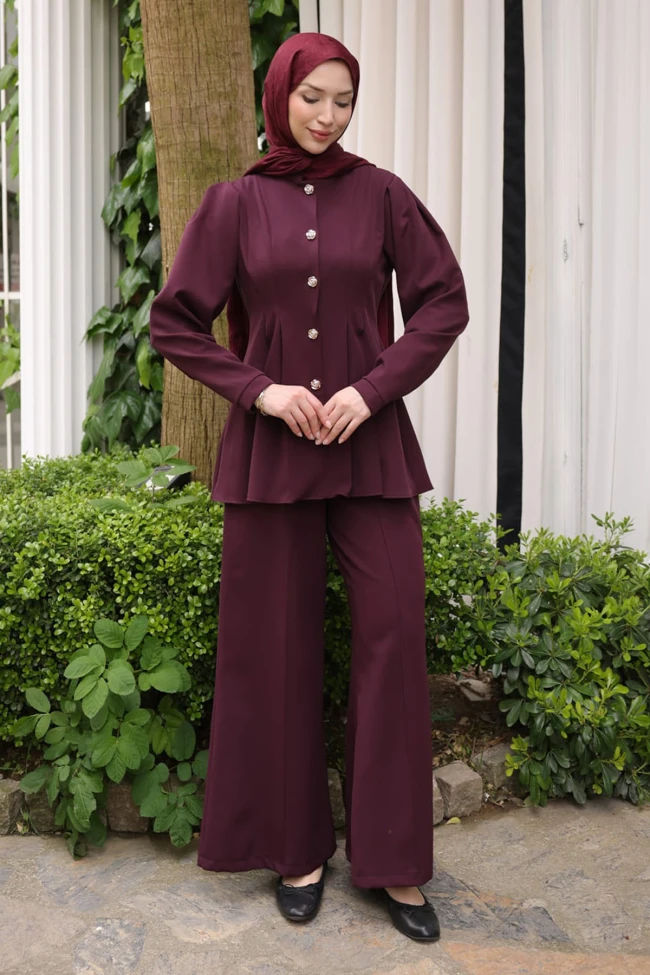 Mürdüm Dikiş Detaylı Ceket Pantolonlu Takım