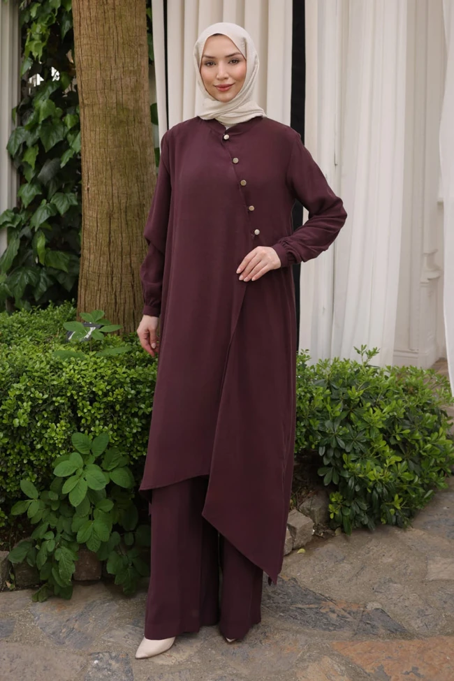 Mürdüm Düğmeli Tunik Pantolonlu Takım