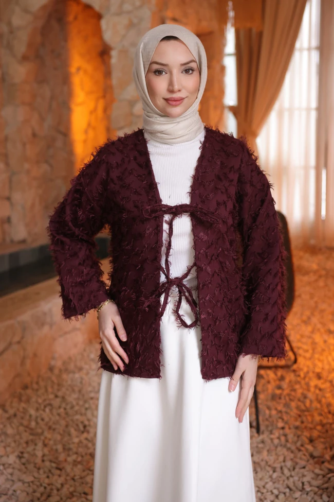 Mürdüm Ön Bağlamalı Püsküllü Kimono