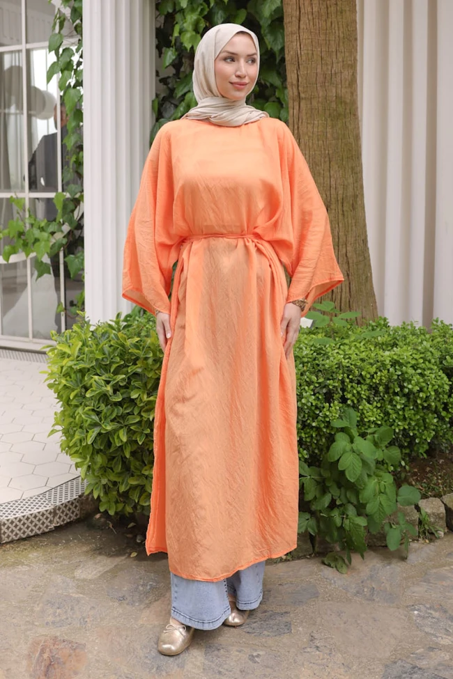Oranj Yırtmaçlı Bel Bağlamalı Tunik