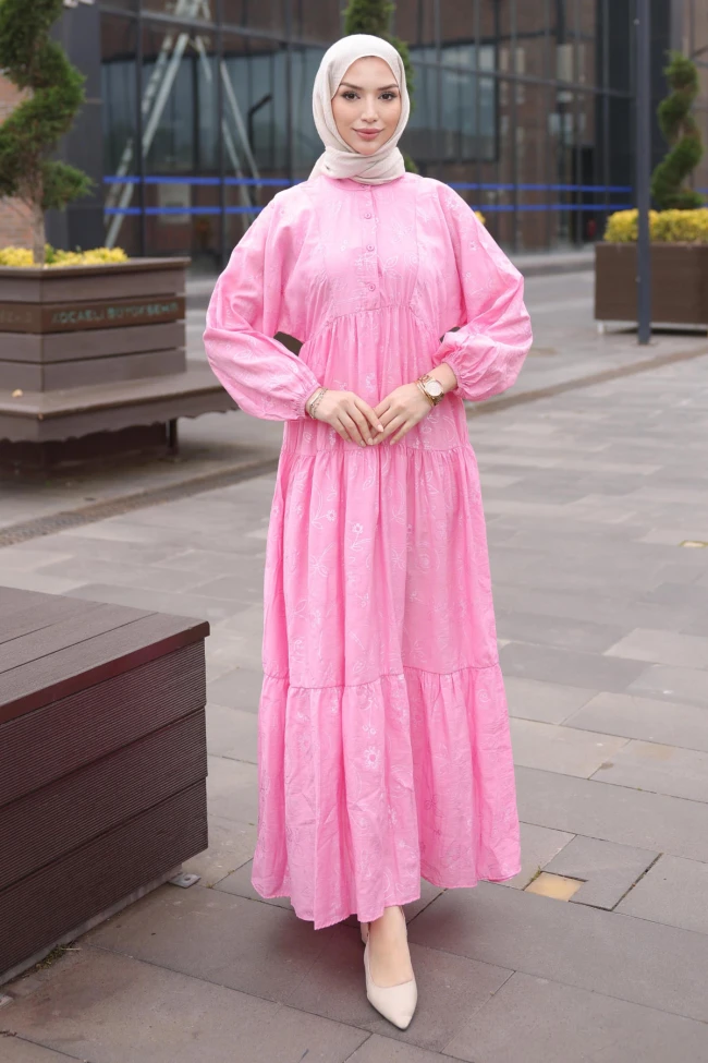 Pembe Desenli Yarım Düğmeli Kol Lastikli Elbise