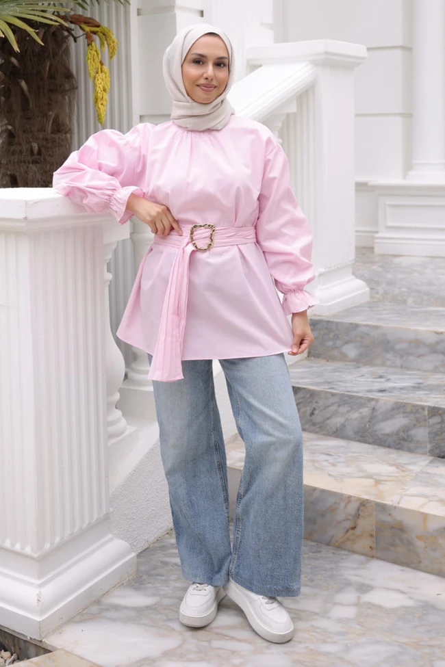 Pembe Kol Lastikli Kemerli Gömlek