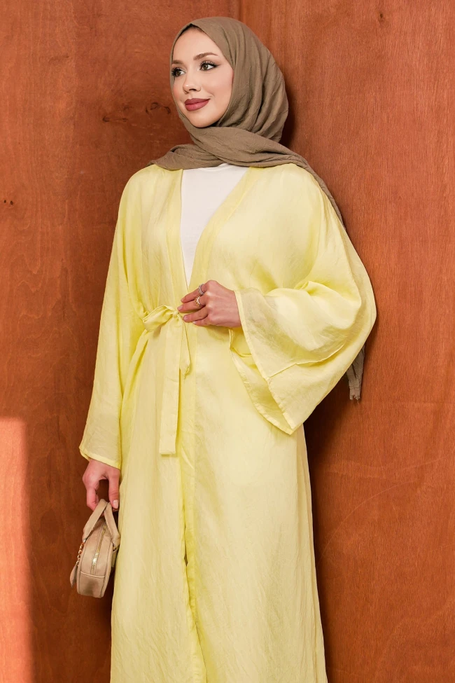 Sarı Bel Bağlamalı Uzun Kimono