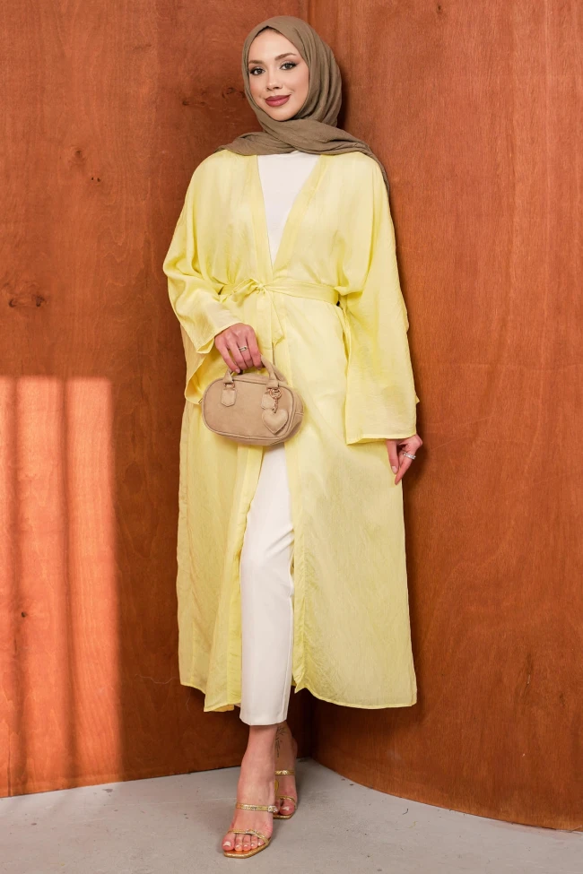 Sarı Bel Bağlamalı Uzun Kimono