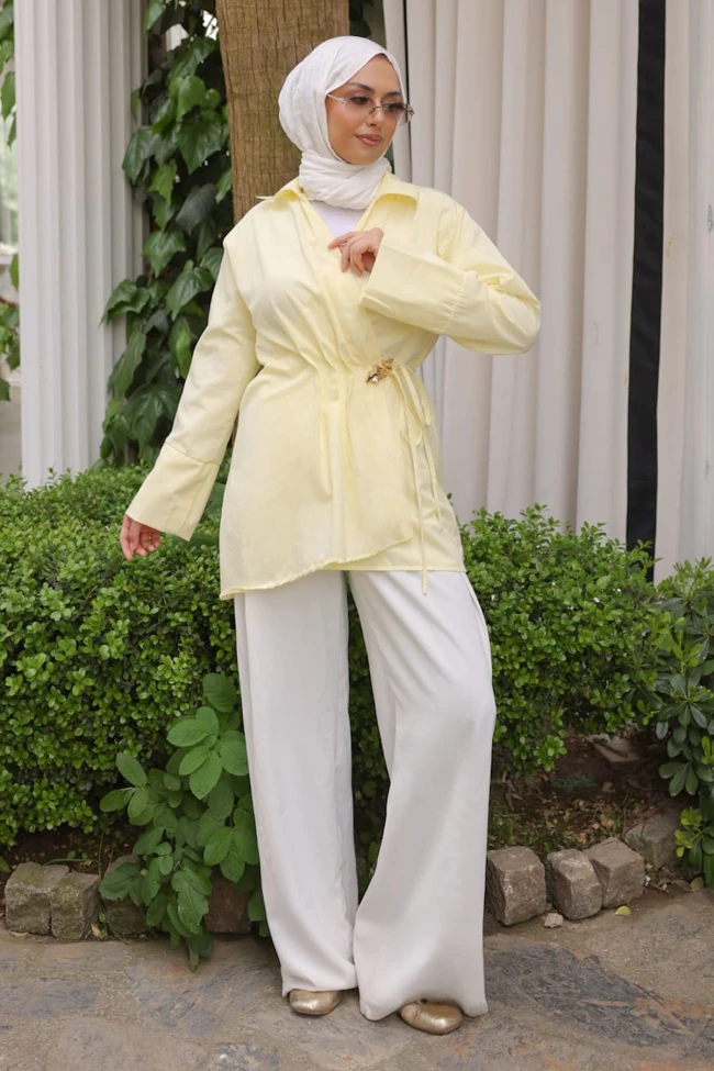 Sarı Ön Bağlamalı Bronş Detaylı Kimono