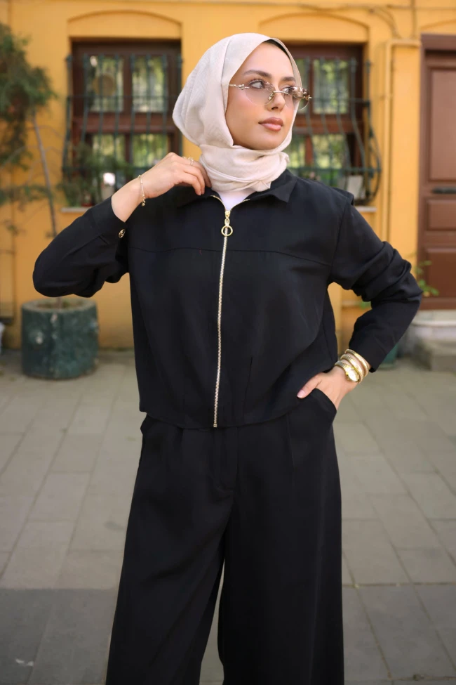 Siyah Fermuarlı Ceket Pantolonlu Tencel Takım