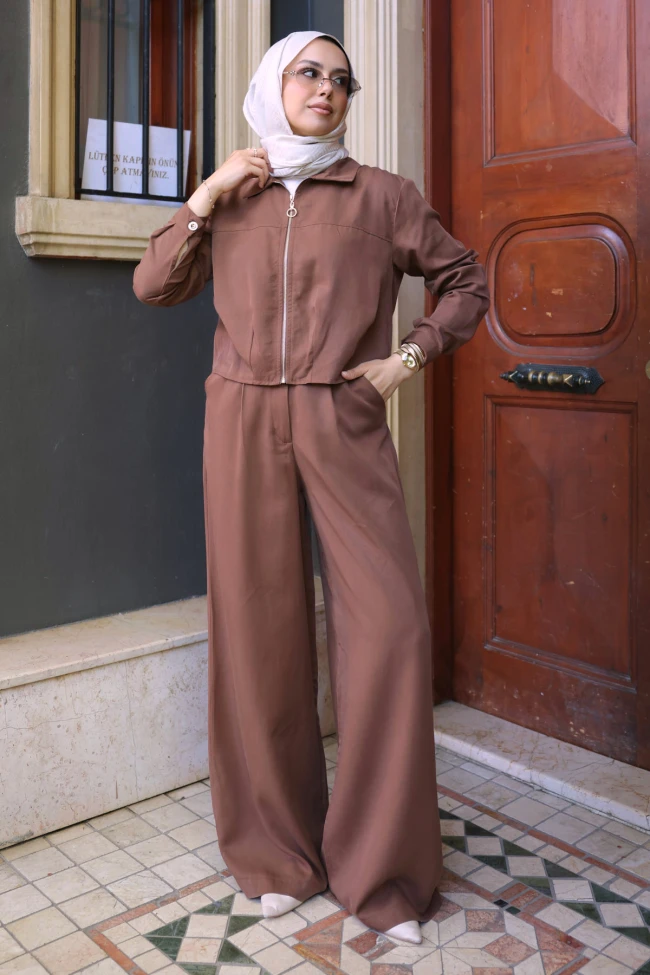 Taba Fermuarlı Ceket Pantolonlu Tencel Takım