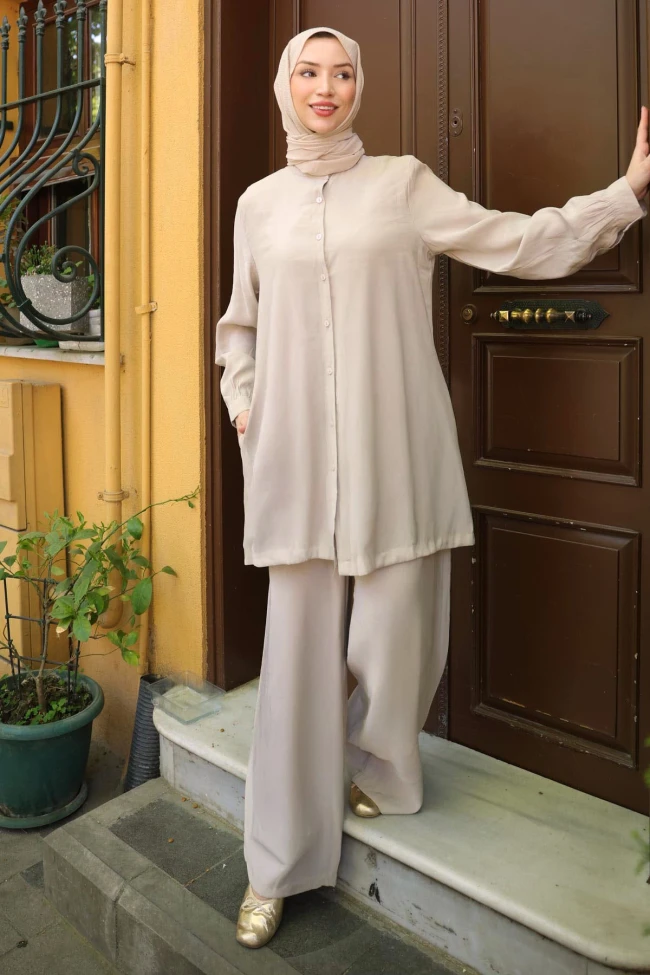 Taş Düğmeli Tunik Pantolonlu Takım