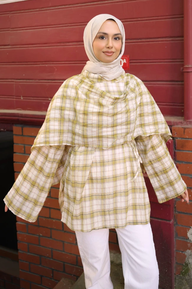 Yeşil Şal Detaylı Ekose Tunik