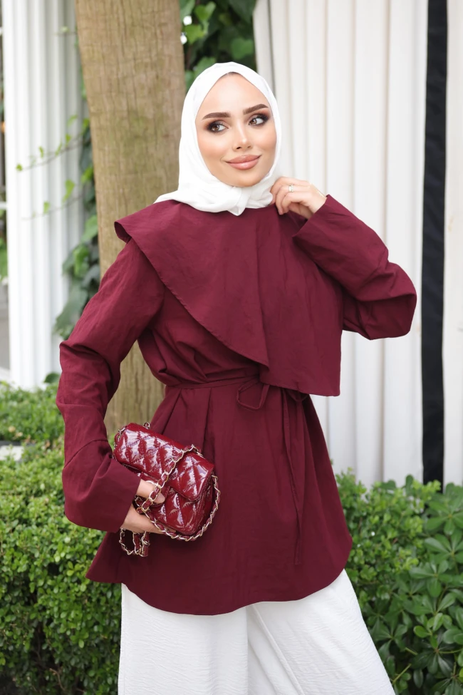 Bordo Ön Detaylı Bel Bağlamalı Tunik