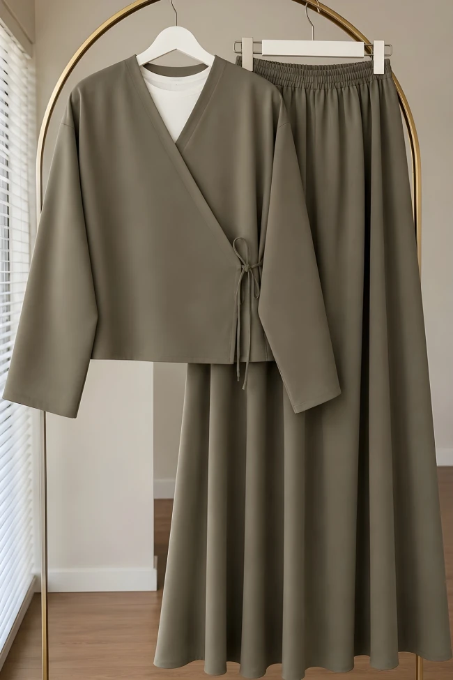 Haki Yandan Bağlamalı Dabıl Kimono Etekli Takım